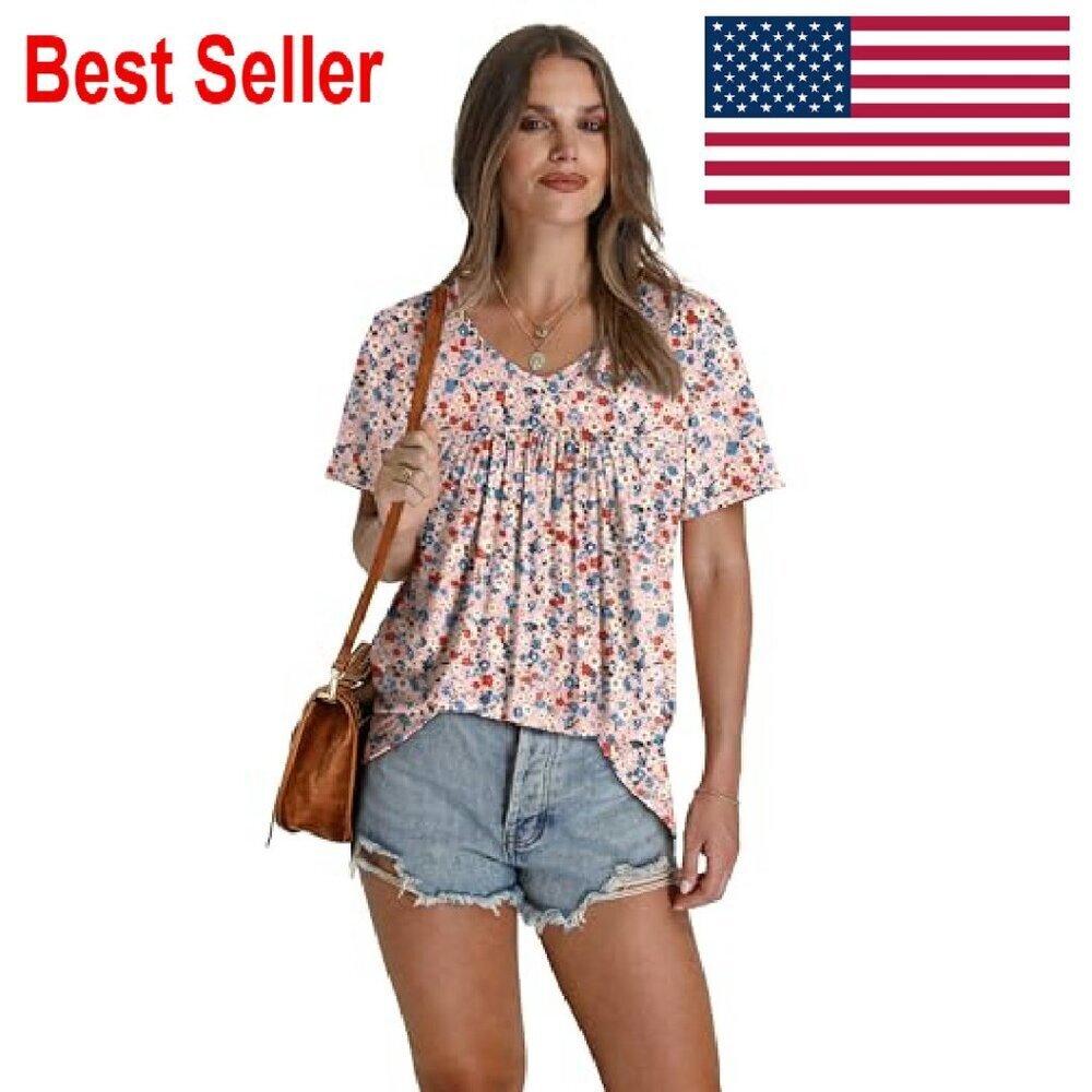 V-Neck Pleated Blouse Elegant Casual Summer Tops Lightweight Flowy Chic - Picture 3 of 8